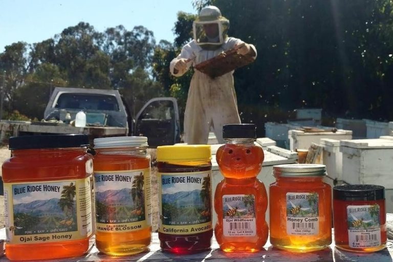 A beekeeper harvest honey while displaying jarred honey.