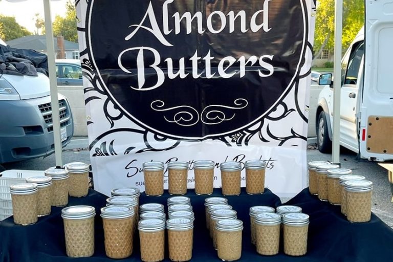 Almond butter on a table.