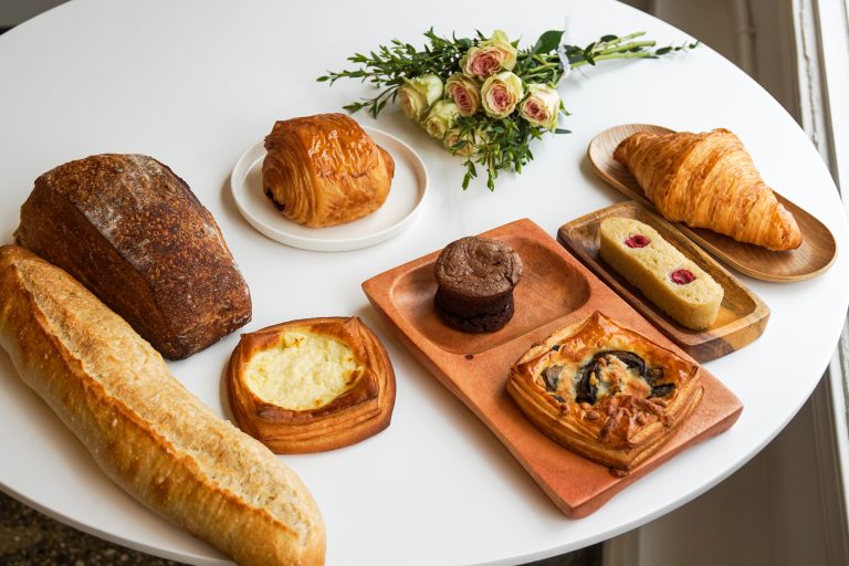 Pastries displayed on a table.